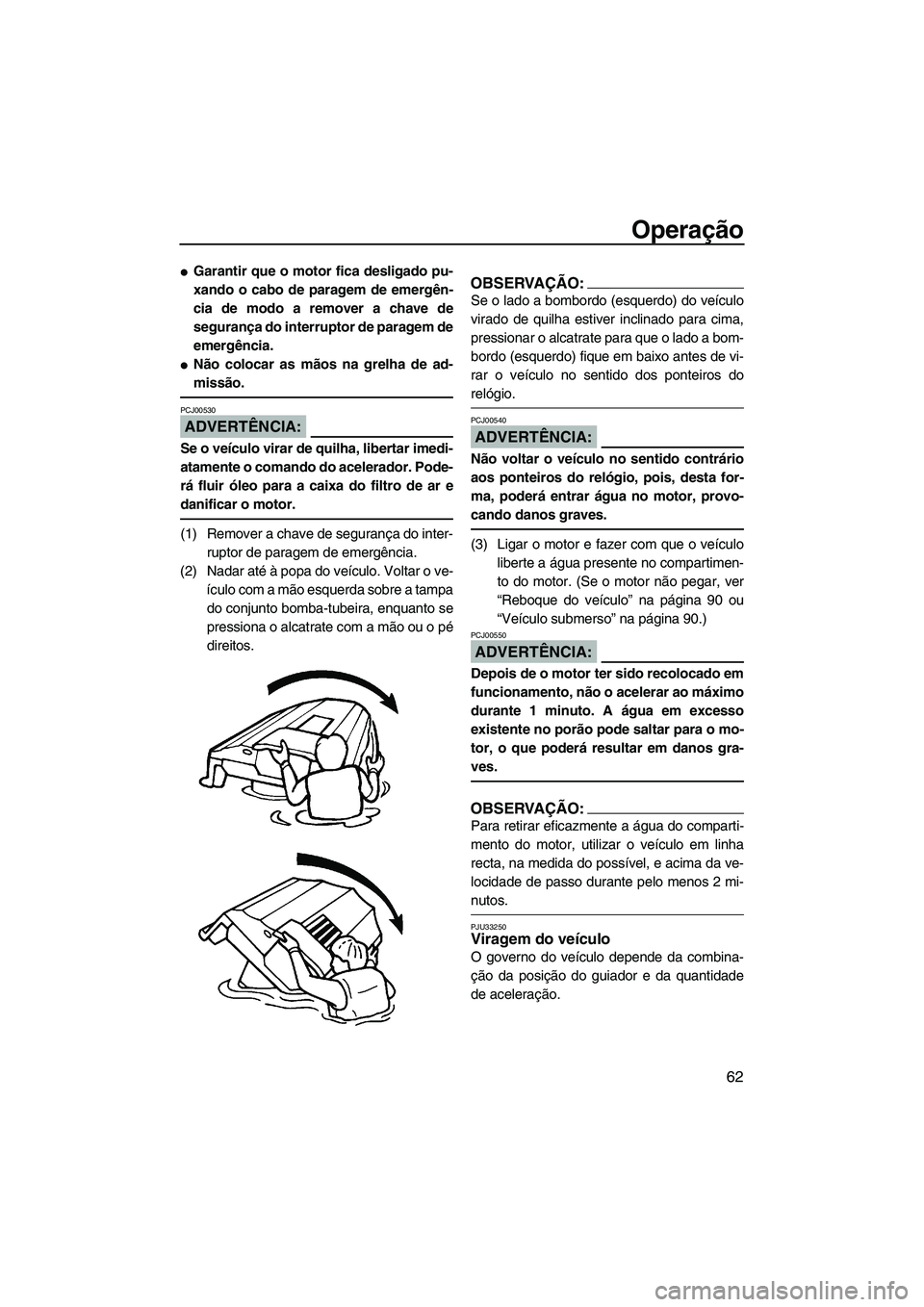 YAMAHA VX 2008  Manual de utilização (in Portuguese) Operação
62
Garantir que o motor fica desligado pu-
xando o cabo de paragem de emergên-
cia de modo a remover a chave de
segurança do interruptor de paragem de
emergência.
Não colocar as mãos