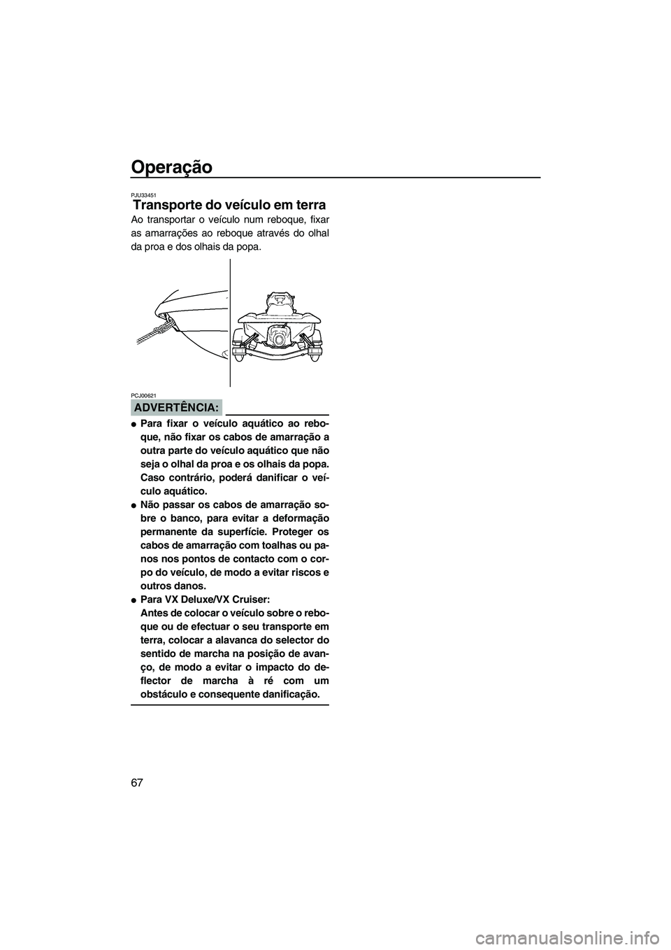YAMAHA VX 2008  Manual de utilização (in Portuguese) Operação
67
PJU33451
Transporte do veículo em terra 
Ao transportar o veículo num reboque, fixar
as amarrações ao reboque através do olhal
da proa e dos olhais da popa.
ADVERTÊNCIA:
PCJ00621
