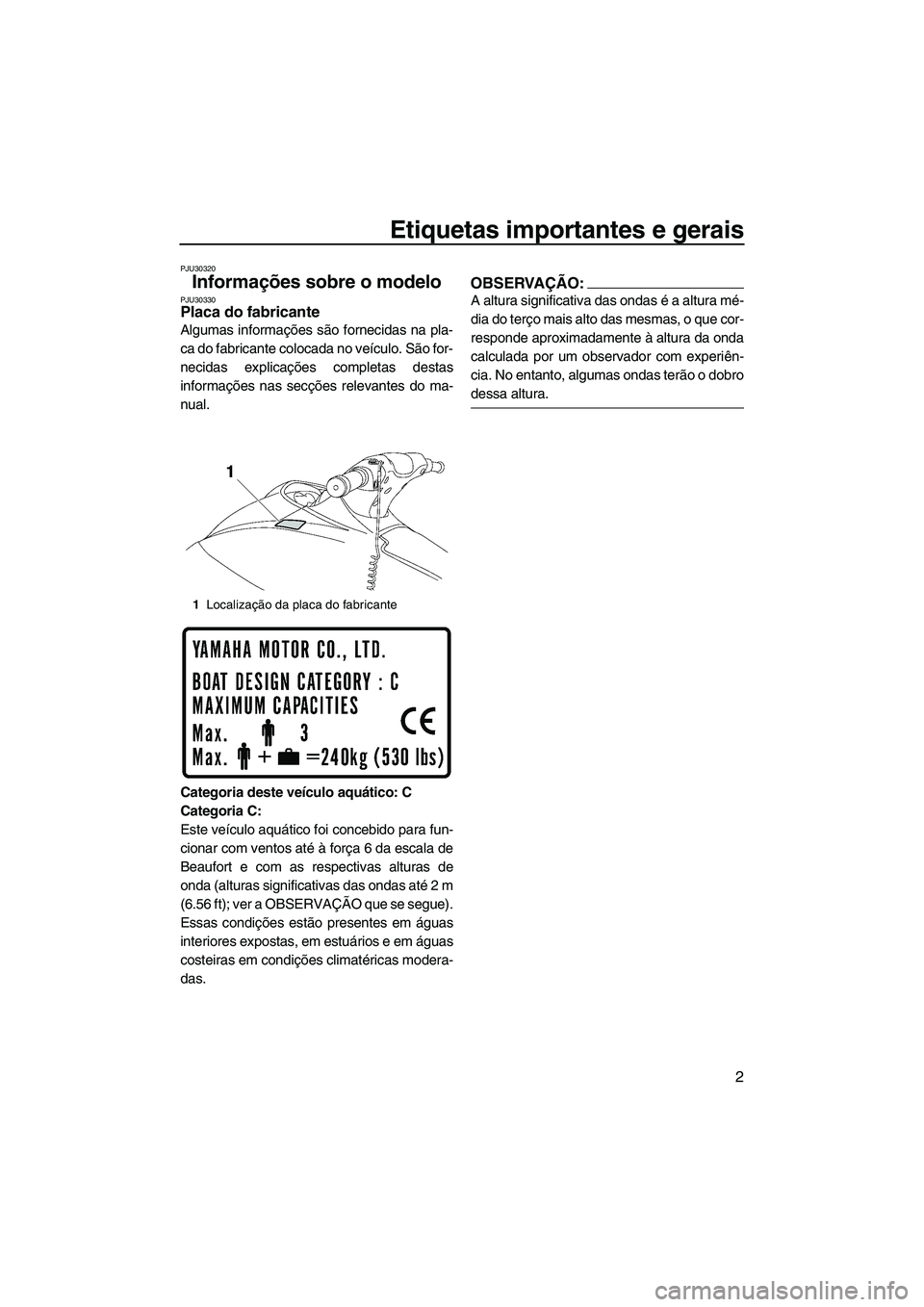 YAMAHA VX SPORT 2008  Manual de utilização (in Portuguese) Etiquetas importantes e gerais
2
PJU30320
Informações sobre o modelo PJU30330Placa do fabricante 
Algumas informações são fornecidas na pla-
ca do fabricante colocada no veículo. São for-
necid