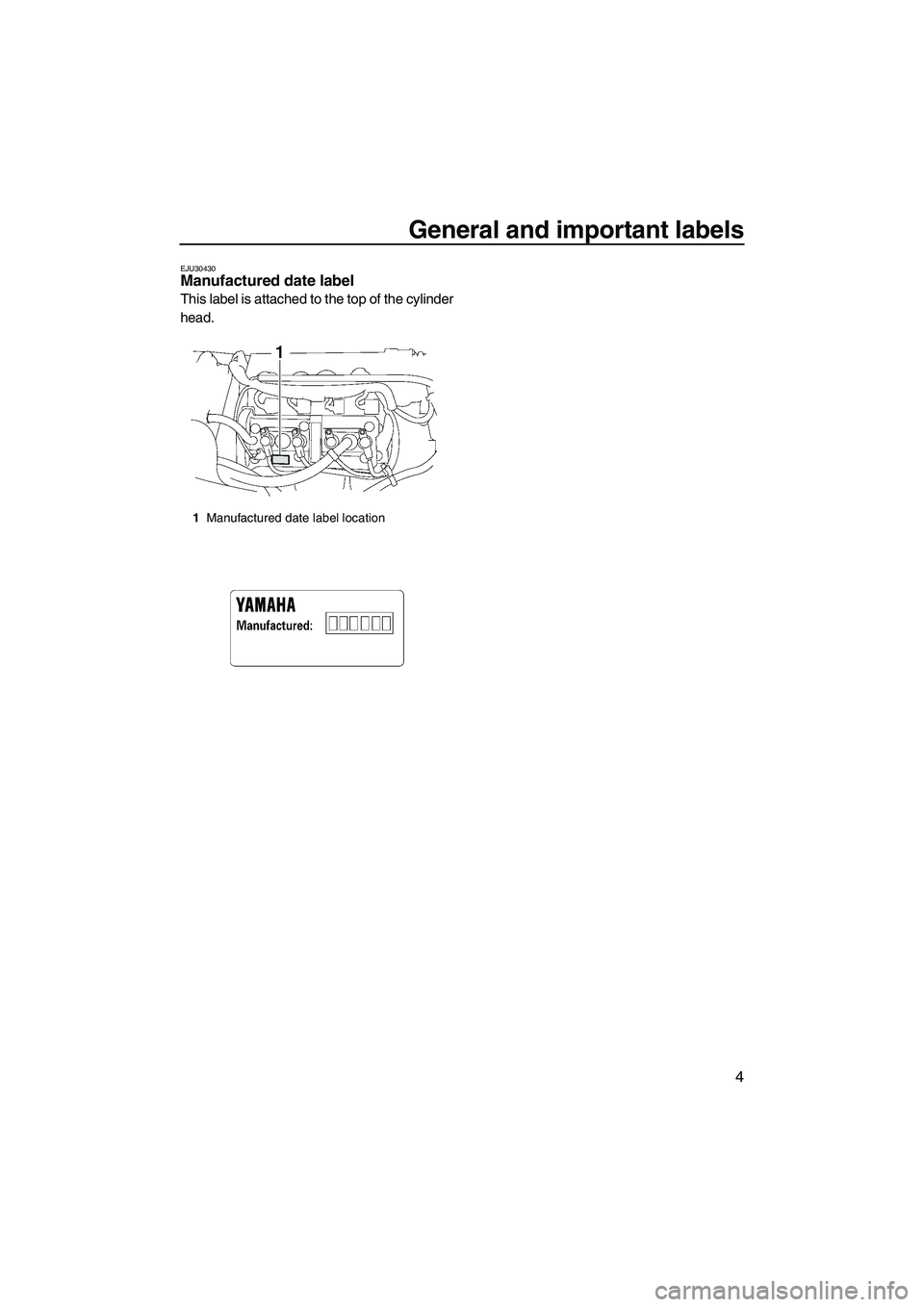 YAMAHA VX CRUISER 2007 User Guide General and important labels
4
EJU30430Manufactured date label 
This label is attached to the top of the cylinder
head.
1Manufactured date label location
UF1K72E0.book  Page 4  Wednesday, August 2, 20