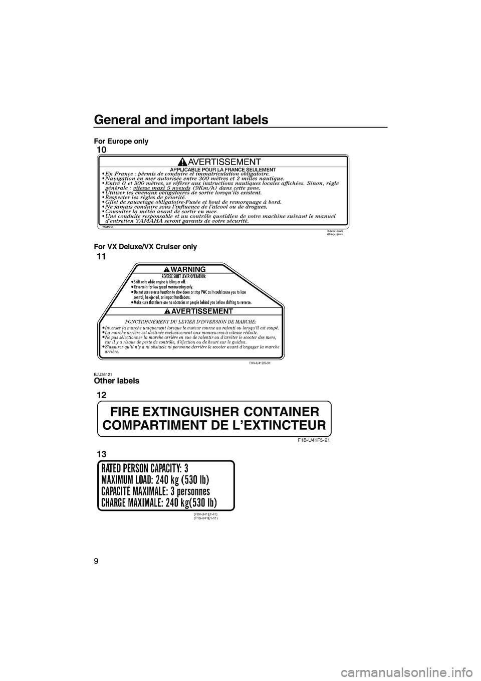 YAMAHA VX SPORT 2007 User Guide General and important labels
9
For Europe only
For VX Deluxe/VX Cruiser only
EJU36121Other labels 
UF1K72E0.book  Page 9  Wednesday, August 2, 2006  10:43 AM 