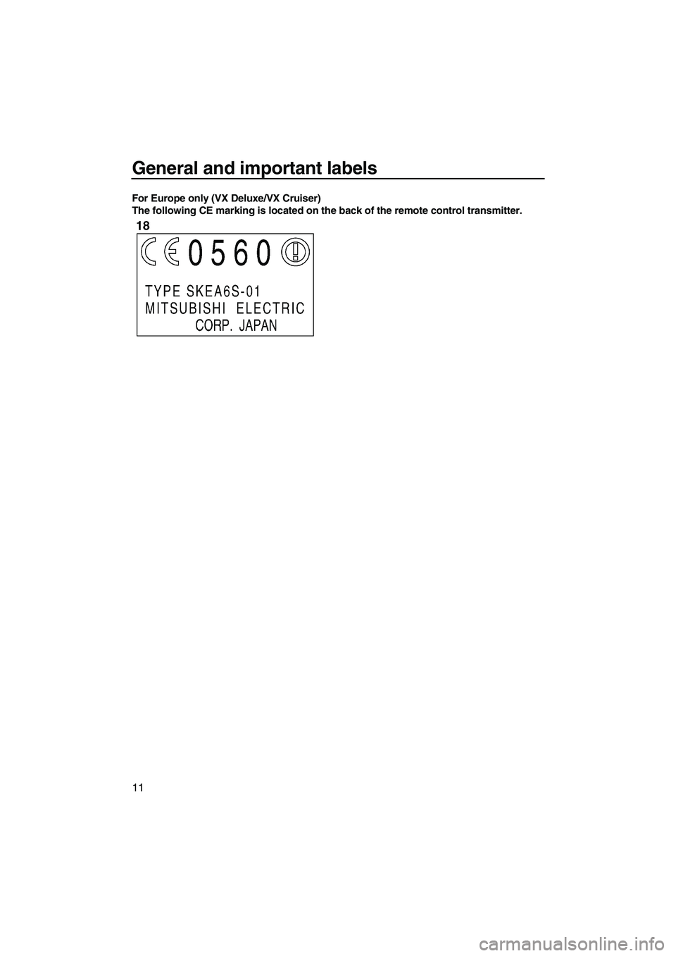 YAMAHA VX CRUISER 2007 User Guide General and important labels
11
For Europe only (VX Deluxe/VX Cruiser)
The following CE marking is located on the back of the remote control transmitter.
UF1K72E0.book  Page 11  Wednesday, August 2, 2