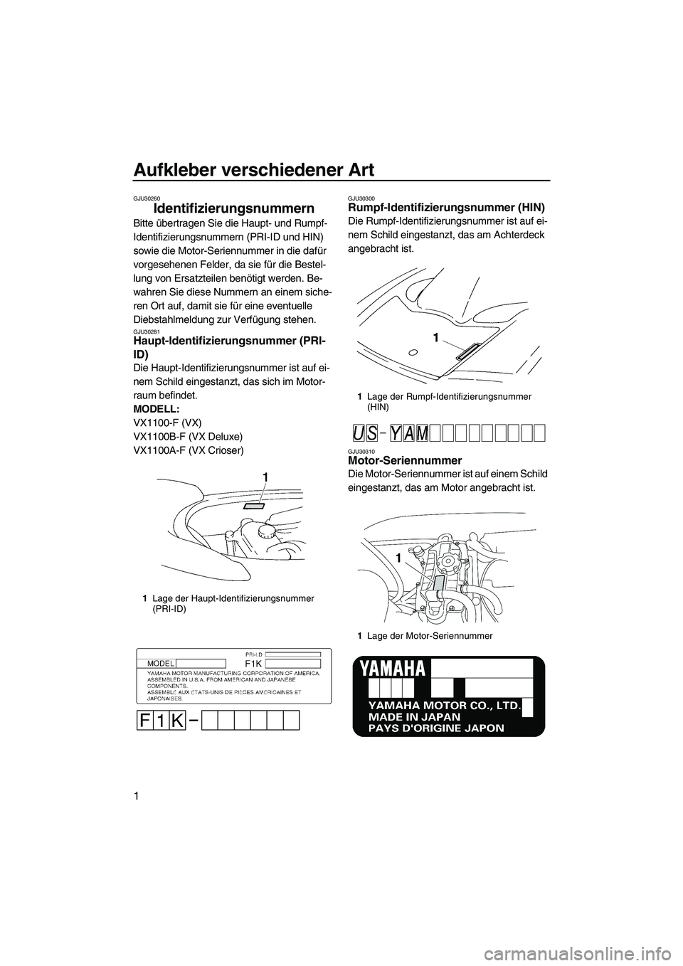 YAMAHA VX CRUISER 2007 Betriebsanleitungen (in German) Aufkleber verschiedener Art
1
GJU30260
Identifizierungsnummern
Bitte übertragen Sie die Haupt- und Rumpf-
Identifizierungsnummern (PRI-ID und HIN)
sowie die Motor-Seriennummer in die dafür
vorges YAMAHA VX CRUISER 2007 Betriebsanleitungen (in German) Aufkleber verschiedener Art
1
GJU30260
Identifizierungsnummern
Bitte übertragen Sie die Haupt- und Rumpf-
Identifizierungsnummern (PRI-ID und HIN)
sowie die Motor-Seriennummer in die dafür
vorges