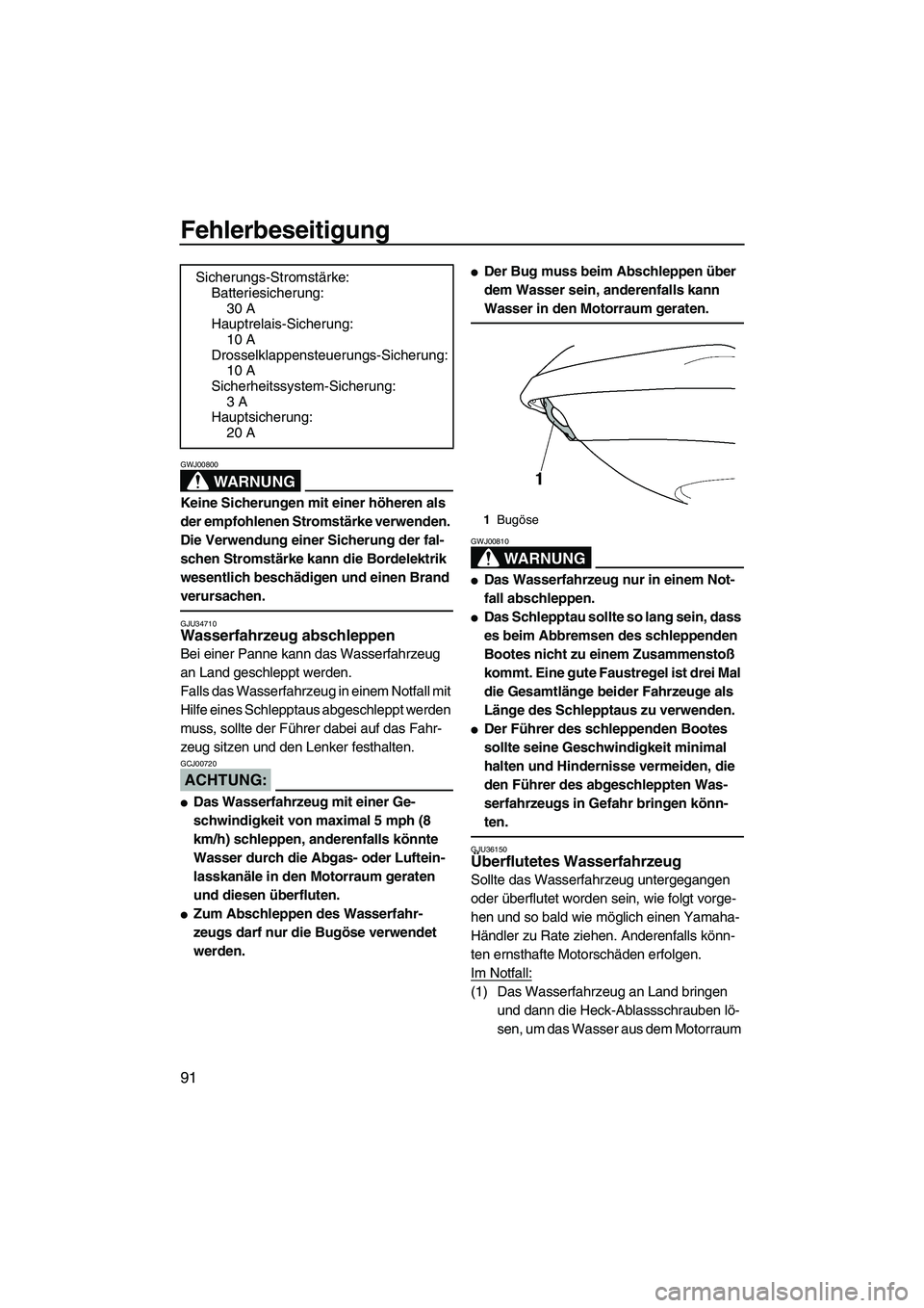 YAMAHA VX 2007  Betriebsanleitungen (in German) Fehlerbeseitigung
91
WARNUNG
GWJ00800
Keine Sicherungen mit einer höheren als 
der empfohlenen Stromstärke verwenden. 
Die Verwendung einer Sicherung der fal-
schen Stromstärke kann die Bordelektri