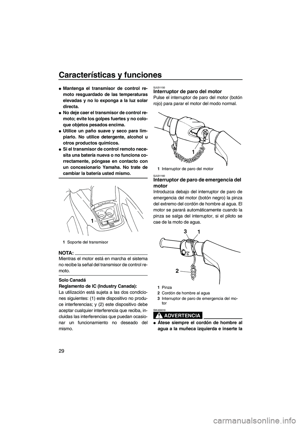 YAMAHA VX SPORT 2007  Manuale de Empleo (in Spanish) Características y funciones
29
Mantenga el transmisor de control re-
moto resguardado de las temperaturas
elevadas y no lo exponga a la luz solar
directa.
No deje caer el transmisor de control re-
