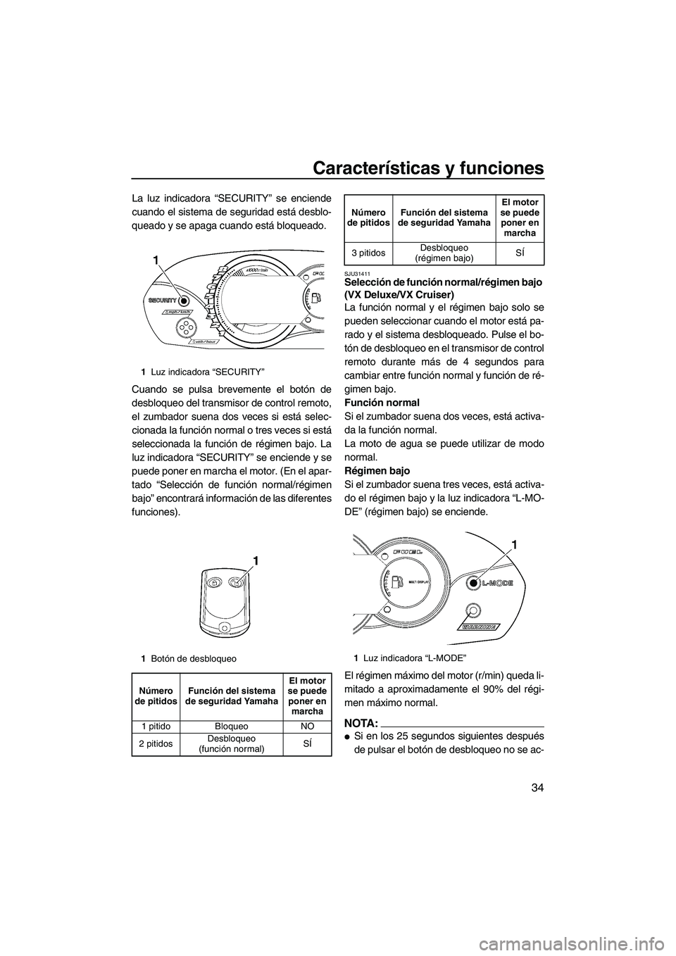 YAMAHA VX 2007  Notices Demploi (in French) Características y funciones
34
La luz indicadora “SECURITY” se enciende
cuando el sistema de seguridad está desblo-
queado y se apaga cuando está bloqueado.
Cuando se pulsa brevemente el botón