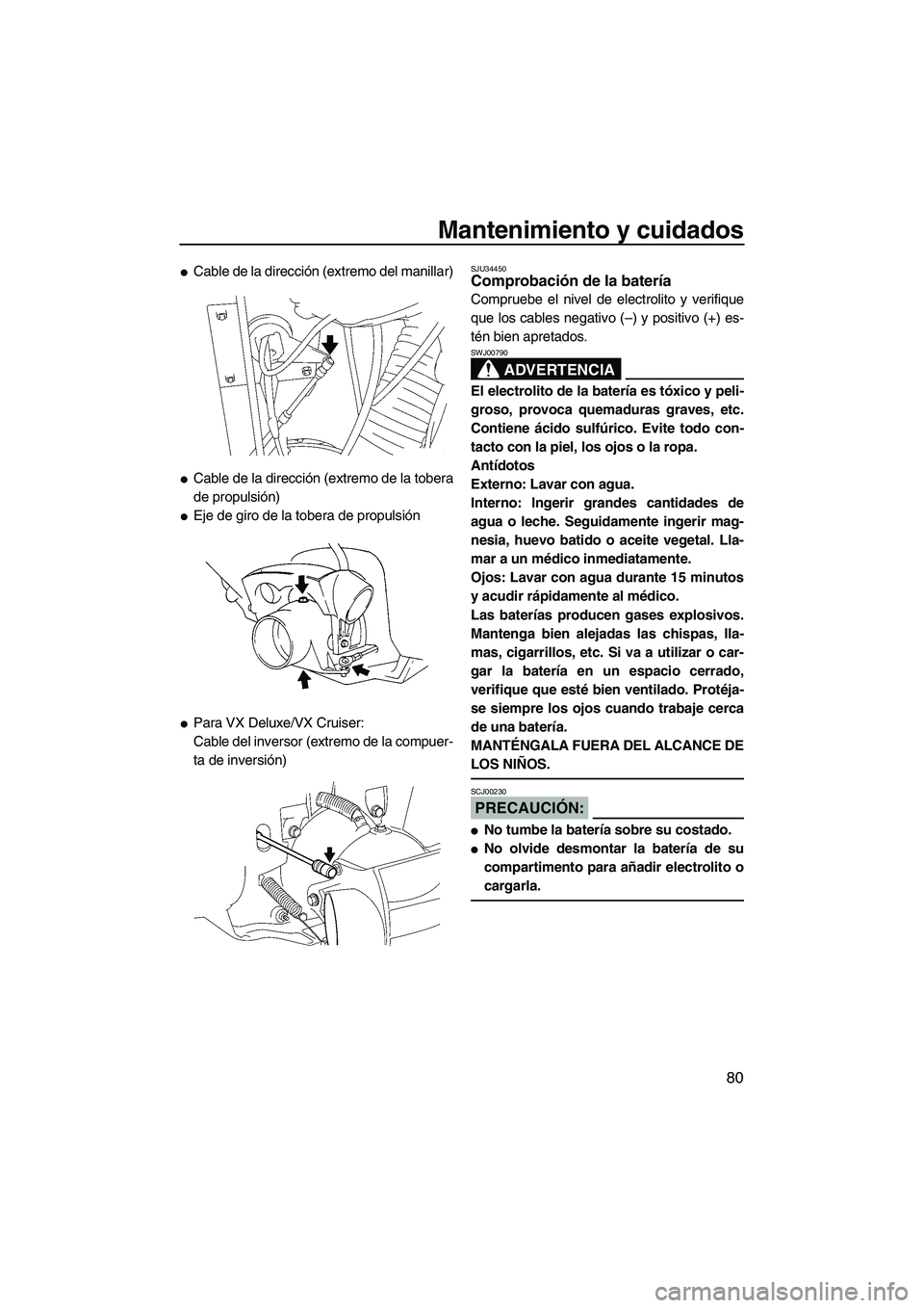 YAMAHA VX 2007  Notices Demploi (in French) Mantenimiento y cuidados
80
Cable de la dirección (extremo del manillar)
Cable de la dirección (extremo de la tobera
de propulsión)
Eje de giro de la tobera de propulsión
Para VX Deluxe/VX Cru