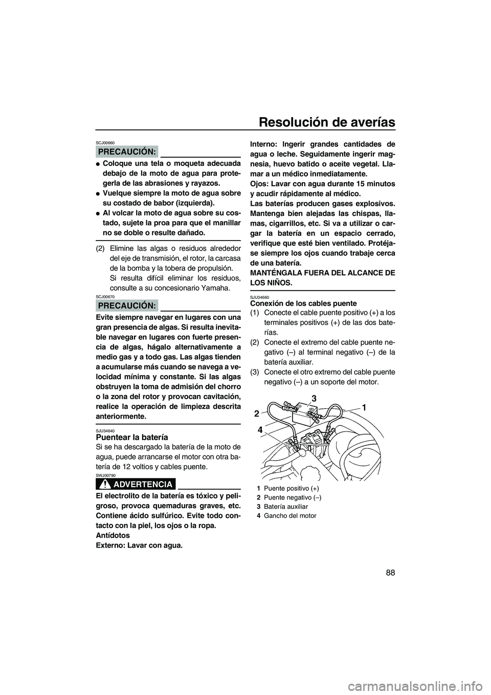 YAMAHA VX SPORT 2007  Manuale de Empleo (in Spanish) Resolución de averías
88
PRECAUCIÓN:
SCJ00660
Coloque una tela o moqueta adecuada
debajo de la moto de agua para prote-
gerla de las abrasiones y rayazos.
Vuelque siempre la moto de agua sobre
su