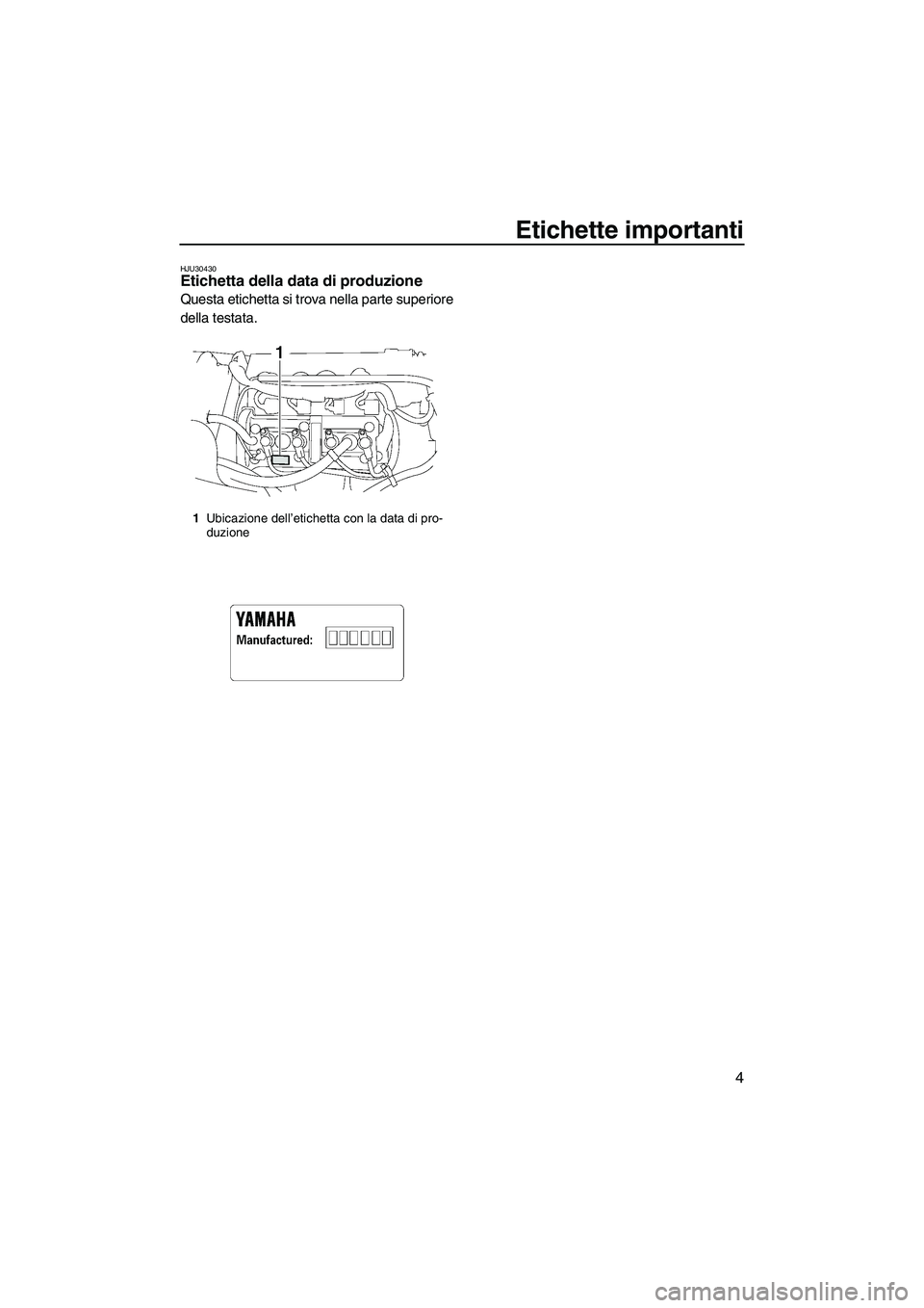 YAMAHA VX DELUXE 2007  Manuale duso (in Italian) Etichette importanti
4
HJU30430Etichetta della data di produzione 
Questa etichetta si trova nella parte superiore
della testata.
1Ubicazione dell’etichetta con la data di pro-
duzione
UF1K72H0.book
