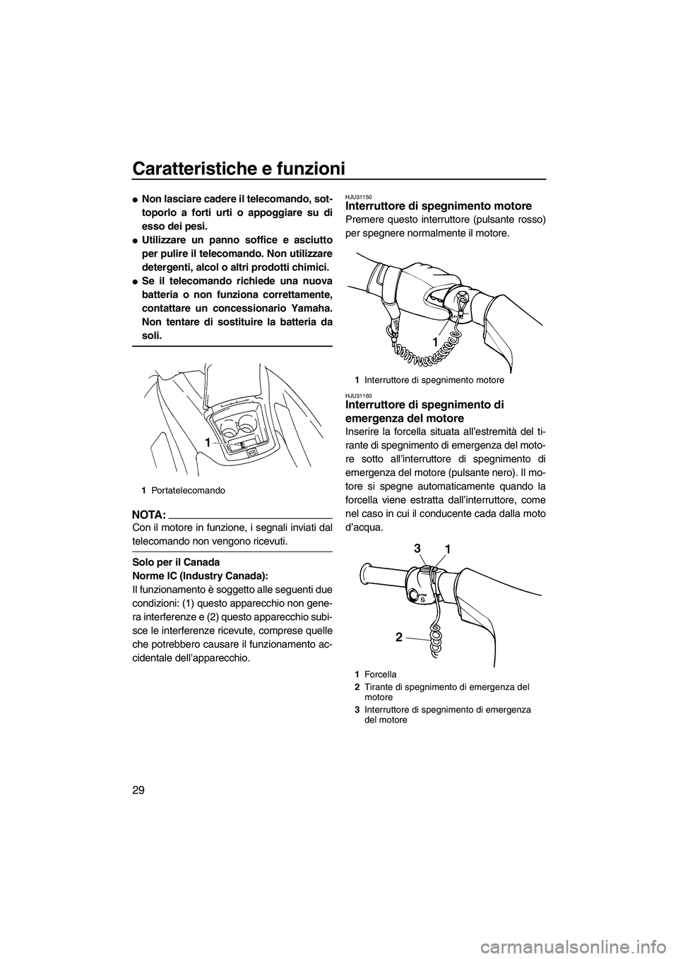 YAMAHA VX 2007  Manuale duso (in Italian) Caratteristiche e funzioni
29
Non lasciare cadere il telecomando, sot-
toporlo a forti urti o appoggiare su di
esso dei pesi.
Utilizzare un panno soffice e asciutto
per pulire il telecomando. Non ut