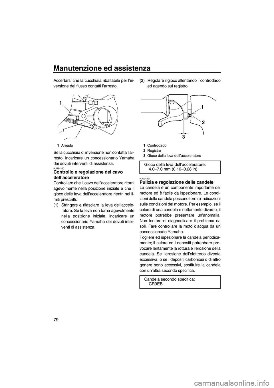 YAMAHA VX SPORT 2007  Manuale duso (in Italian) Manutenzione ed assistenza
79
Accertarsi che la cucchiaia ribaltabile per l’in-
versione del flusso contatti l’arresto.
Se la cucchiaia di inversione non contatta l’ar-
resto, incaricare un conc