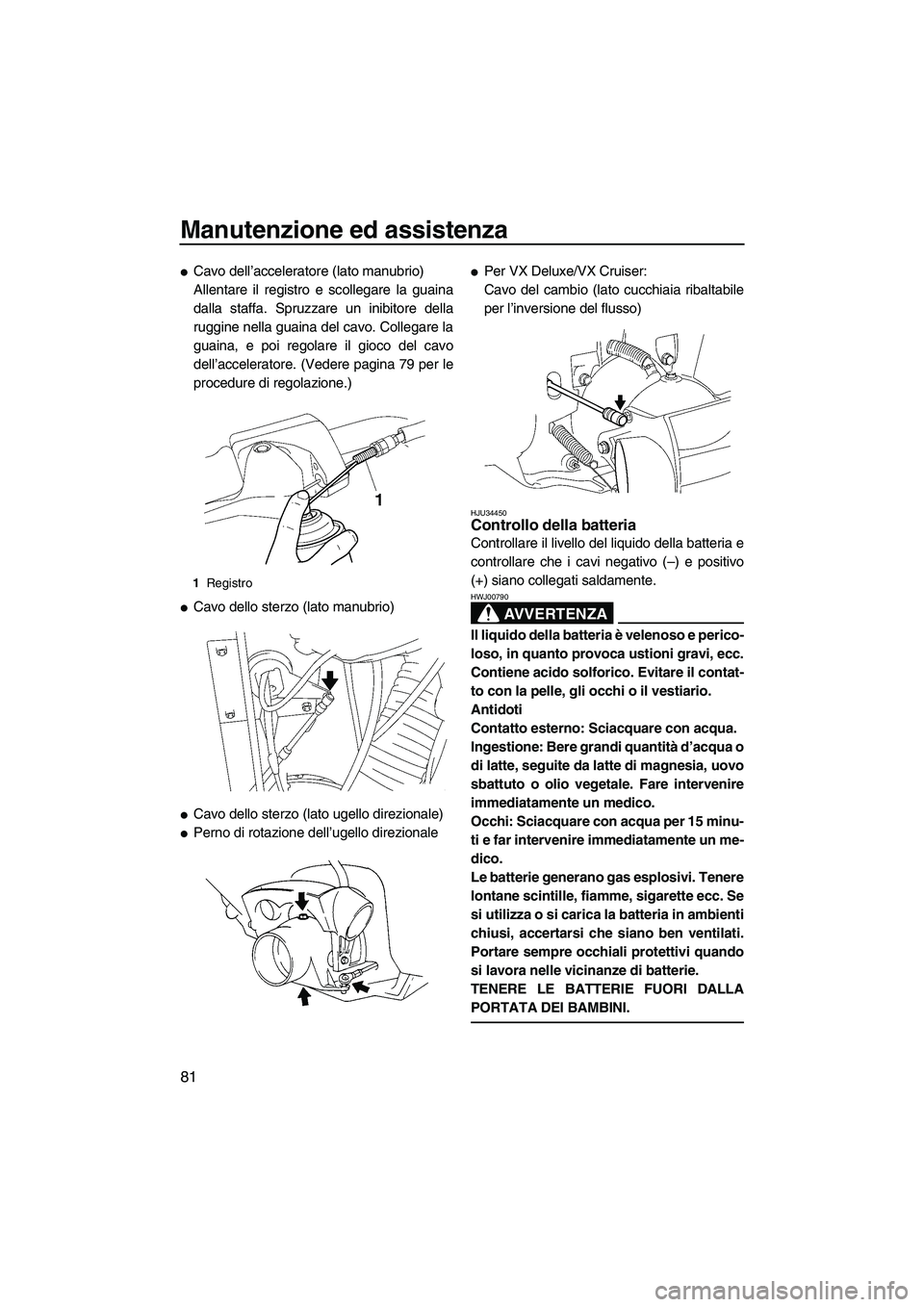 YAMAHA VX SPORT 2007  Manuale duso (in Italian) Manutenzione ed assistenza
81
Cavo dell’acceleratore (lato manubrio)
Allentare il registro e scollegare la guaina
dalla staffa. Spruzzare un inibitore della
ruggine nella guaina del cavo. Collegare