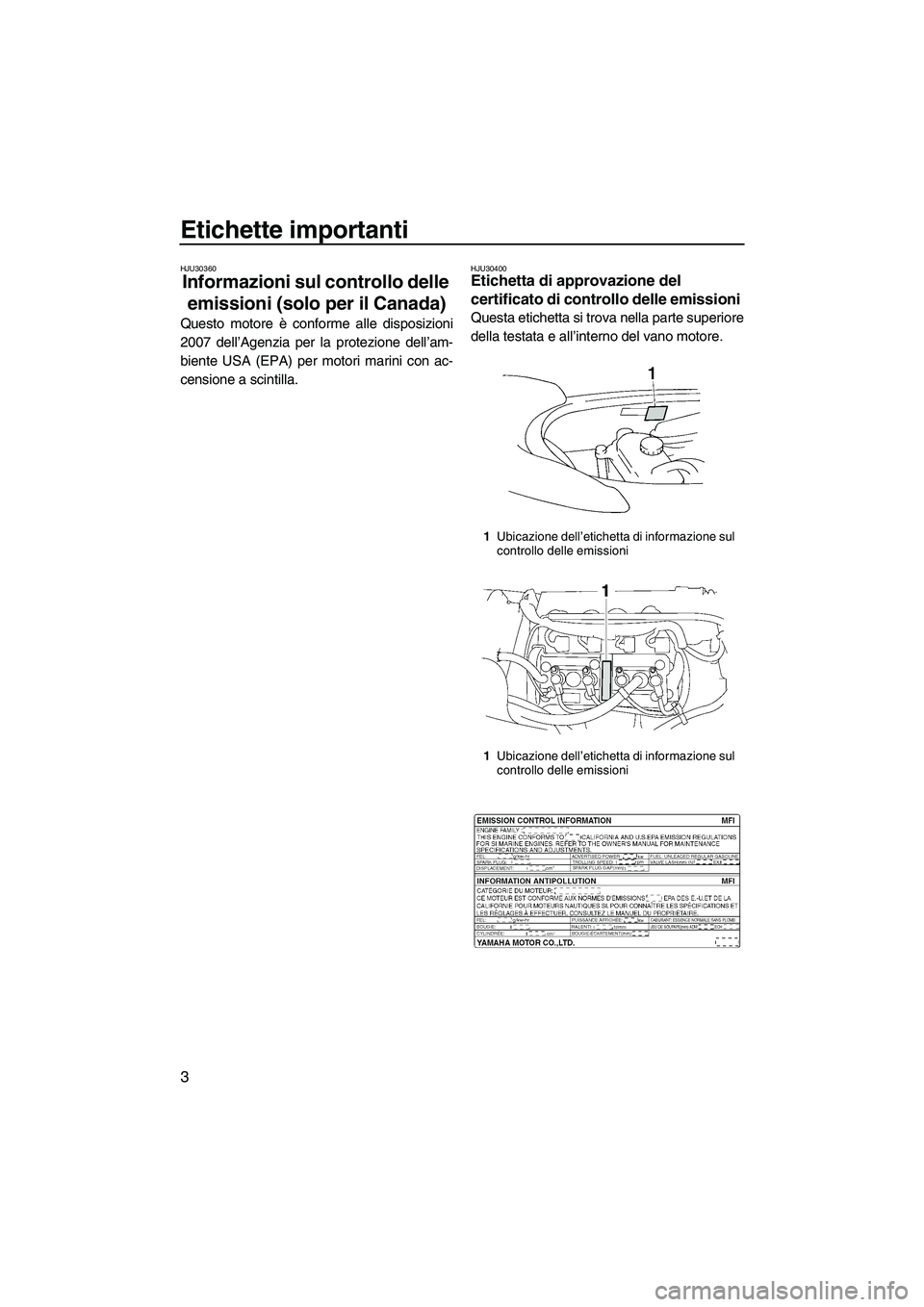 YAMAHA VX 2007  Manuale duso (in Italian) Etichette importanti
3
HJU30360
Informazioni sul controllo delle 
emissioni (solo per il Canada) 
Questo motore è conforme alle disposizioni
2007 dell’Agenzia per la protezione dell’am-
biente US