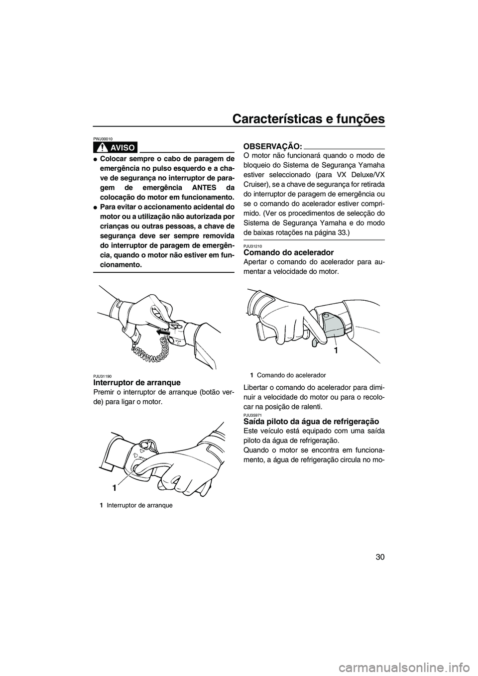 YAMAHA VX DELUXE 2007  Manual de utilização (in Portuguese) Características e funções
30
AV I S O
PWJ00010
Colocar sempre o cabo de paragem de
emergência no pulso esquerdo e a cha-
ve de segurança no interruptor de para-
gem de emergência ANTES da
coloc