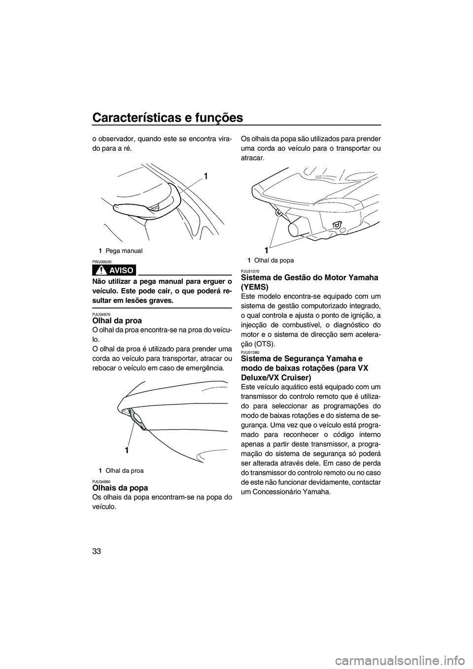 YAMAHA VX SPORT 2007  Manual de utilização (in Portuguese) Características e funções
33
o observador, quando este se encontra vira-
do para a ré.
AV I S O
PWJ00020
Não utilizar a pega manual para erguer o
veículo. Este pode cair, o que poderá re-
sulta