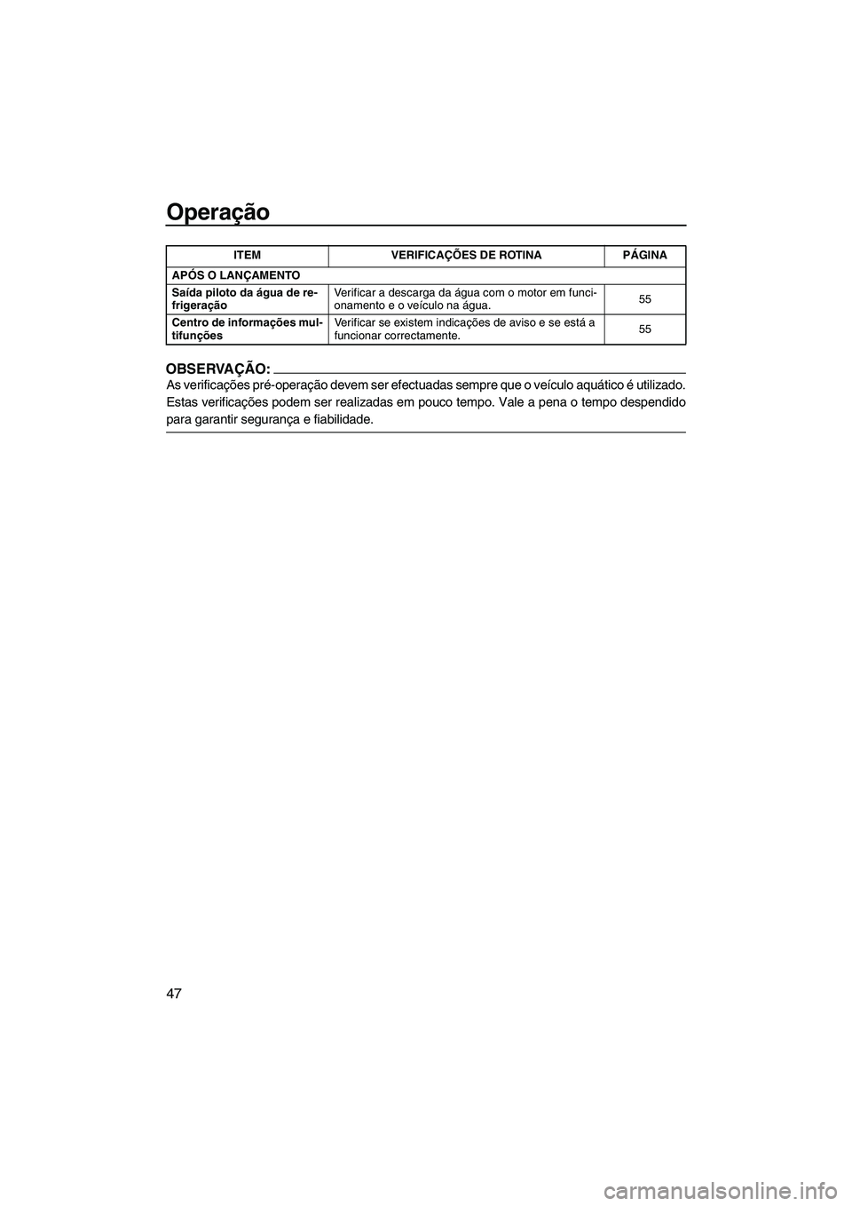 YAMAHA VX CRUISER 2007  Manual de utilização (in Portuguese) Operação
47
OBSERVAÇÃO:
As verificações pré-operação devem ser efectuadas sempre que o veículo aquático é utilizado.
Estas verificações podem ser realizadas em pouco tempo. Vale a pena o