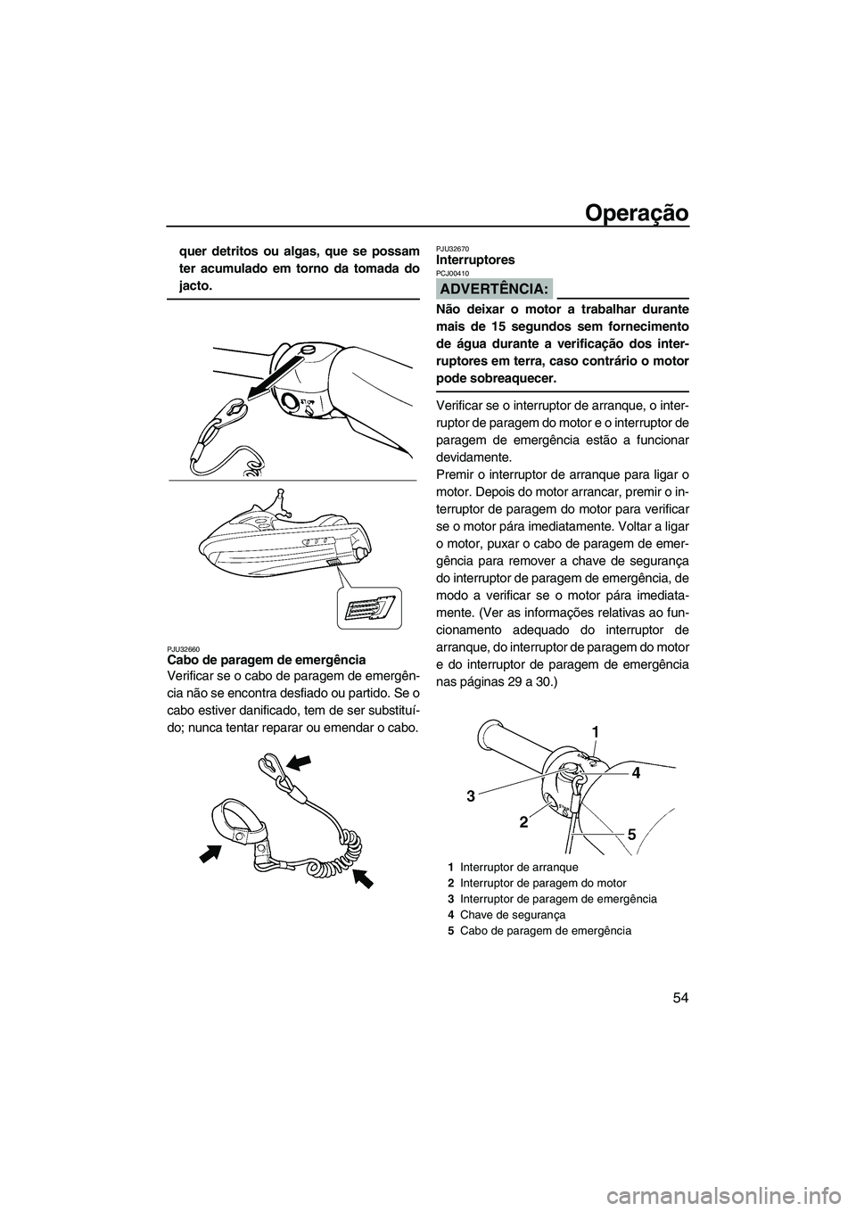 YAMAHA VX 2007  Manual de utilização (in Portuguese) Operação
54
quer detritos ou algas, que se possam
ter acumulado em torno da tomada do
jacto.
PJU32660Cabo de paragem de emergência 
Verificar se o cabo de paragem de emergên-
cia não se encontra 