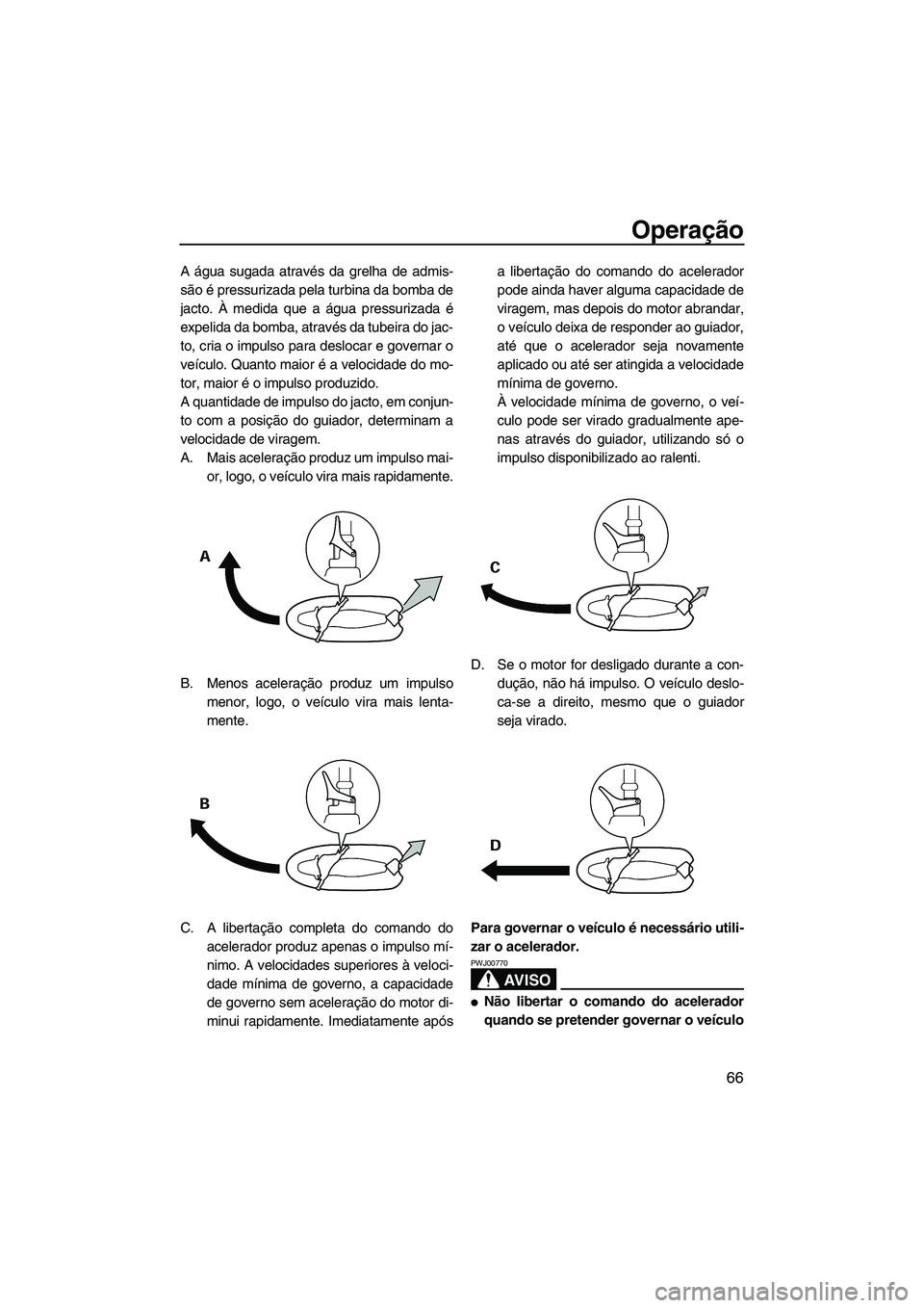 YAMAHA VX 2007  Manual de utilização (in Portuguese) Operação
66
A água sugada através da grelha de admis-
são é pressurizada pela turbina da bomba de
jacto. À medida que a água pressurizada é
expelida da bomba, através da tubeira do jac-
to, 
