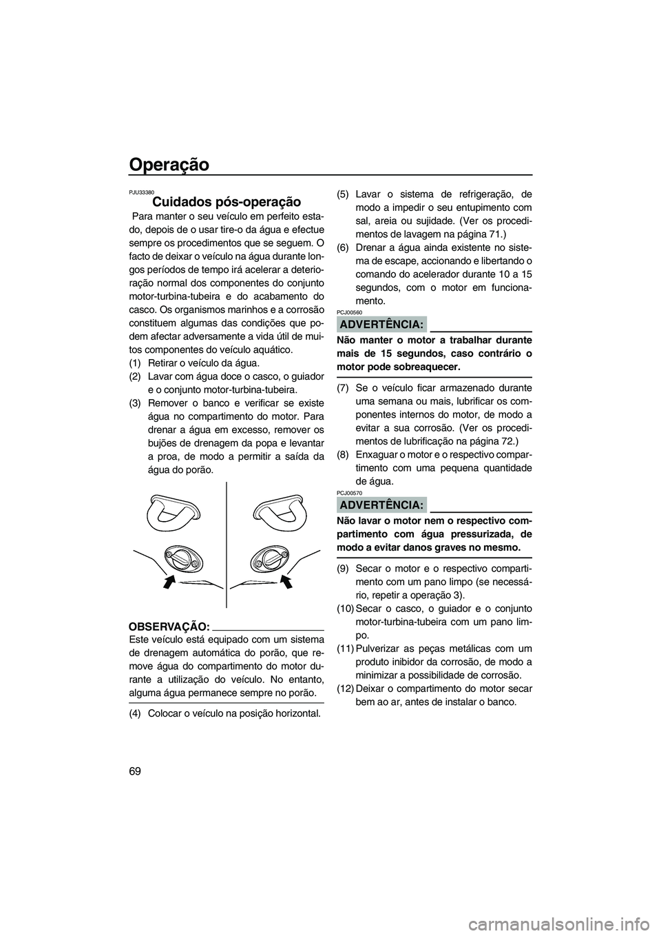 YAMAHA VX 2007  Manual de utilização (in Portuguese) Operação
69
PJU33380
Cuidados pós-operação 
 Para manter o seu veículo em perfeito esta-
do, depois de o usar tire-o da água e efectue
sempre os procedimentos que se seguem. O
facto de deixar o