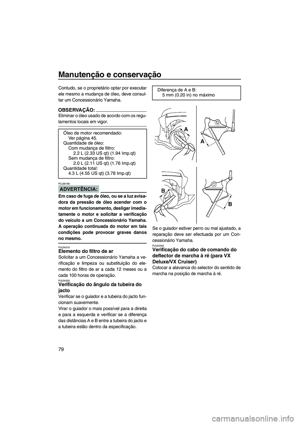 YAMAHA VX DELUXE 2007  Manual de utilização (in Portuguese) Manutenção e conservação
79
Contudo, se o proprietário optar por executar
ele mesmo a mudança de óleo, deve consul-
tar um Concessionário Yamaha.
OBSERVAÇÃO:
Eliminar o óleo usado de acordo