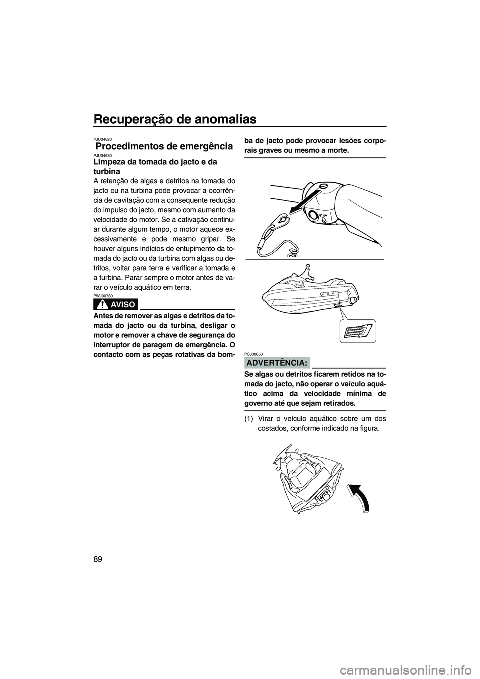 YAMAHA VX 2007  Manual de utilização (in Portuguese) Recuperação de anomalias
89
PJU34620
Procedimentos de emergência PJU34630Limpeza da tomada do jacto e da 
turbina 
A retenção de algas e detritos na tomada do
jacto ou na turbina pode provocar a 