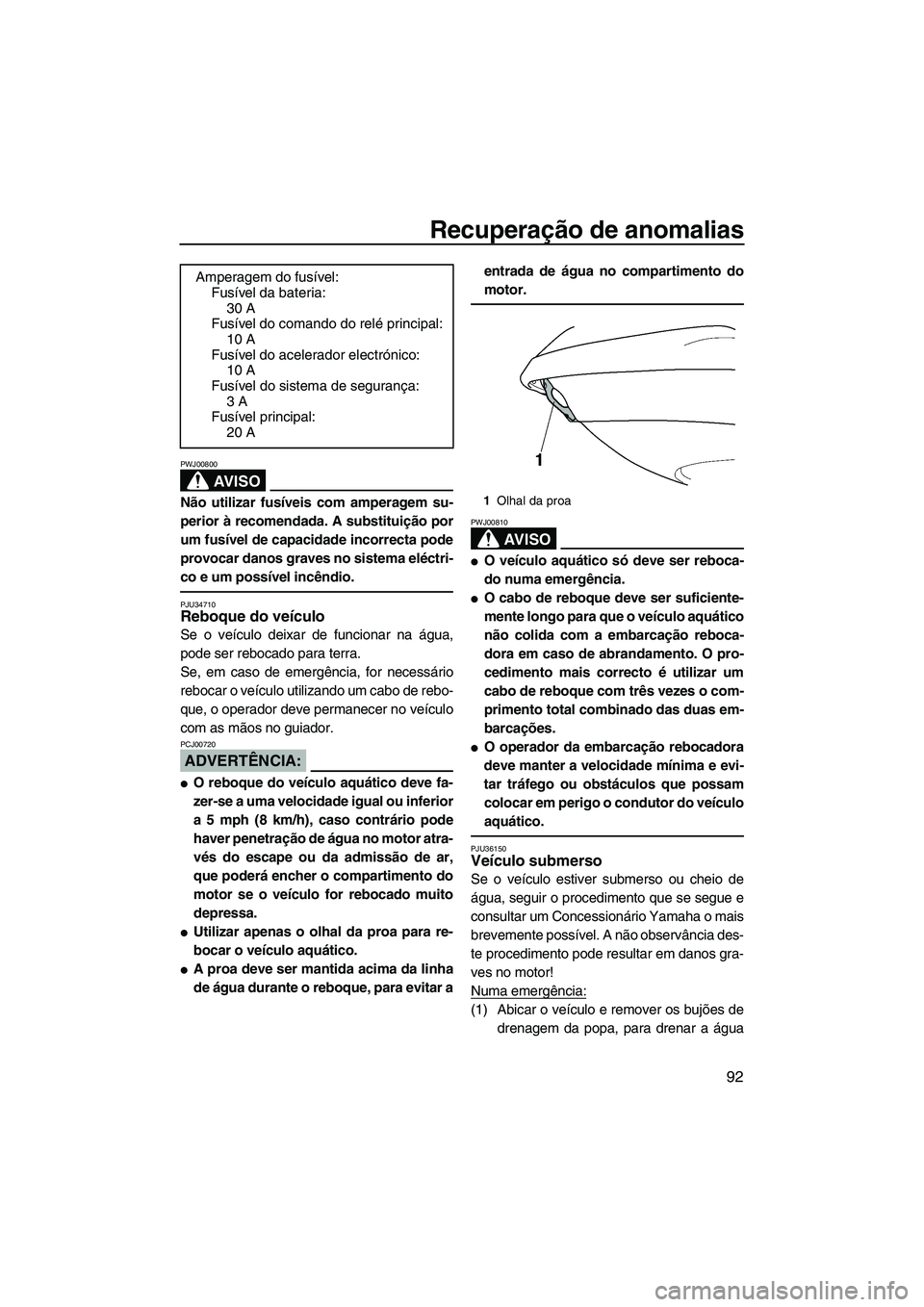 YAMAHA VX 2007  Manual de utilização (in Portuguese) Recuperação de anomalias
92
AV I S O
PWJ00800
Não utilizar fusíveis com amperagem su-
perior à recomendada. A substituição por
um fusível de capacidade incorrecta pode
provocar danos graves no