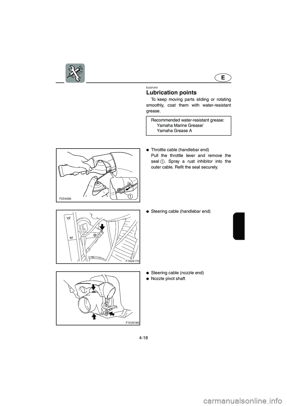 YAMAHA VX 2006  Owners Manual 4-18
E
EJU21310
Lubrication points 
To keep moving parts sliding or rotating
smoothly, coat them with water-resistant
grease.
Recommended water-resistant grease: 
Yamaha Marine Grease/ 
Yamaha Grease 