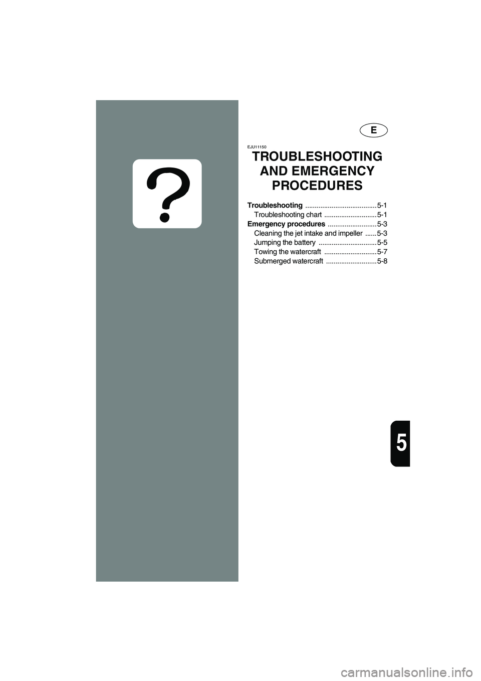 YAMAHA VX CRUISER 2006  Owners Manual E
5
EJU11150 
TROUBLESHOOTING 
AND EMERGENCY 
PROCEDURES 
Troubleshooting ...................................... 5-1
Troubleshooting chart  ............................ 5-1
Emergency procedures ......