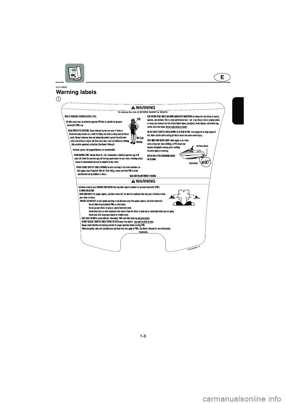 YAMAHA VX 2006 User Guide 1-6
E
EJU19892 
Warning labels 
1
E_F1K-70.book  Page 6  Thursday, October 20, 2005  1:30 PM 
