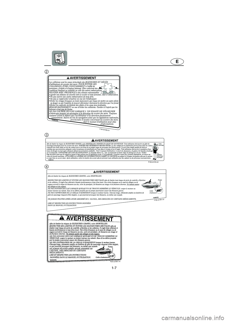 YAMAHA VX 2006 User Guide 1-7
E
4 3 2
E_F1K-70.book  Page 7  Thursday, October 20, 2005  1:30 PM 