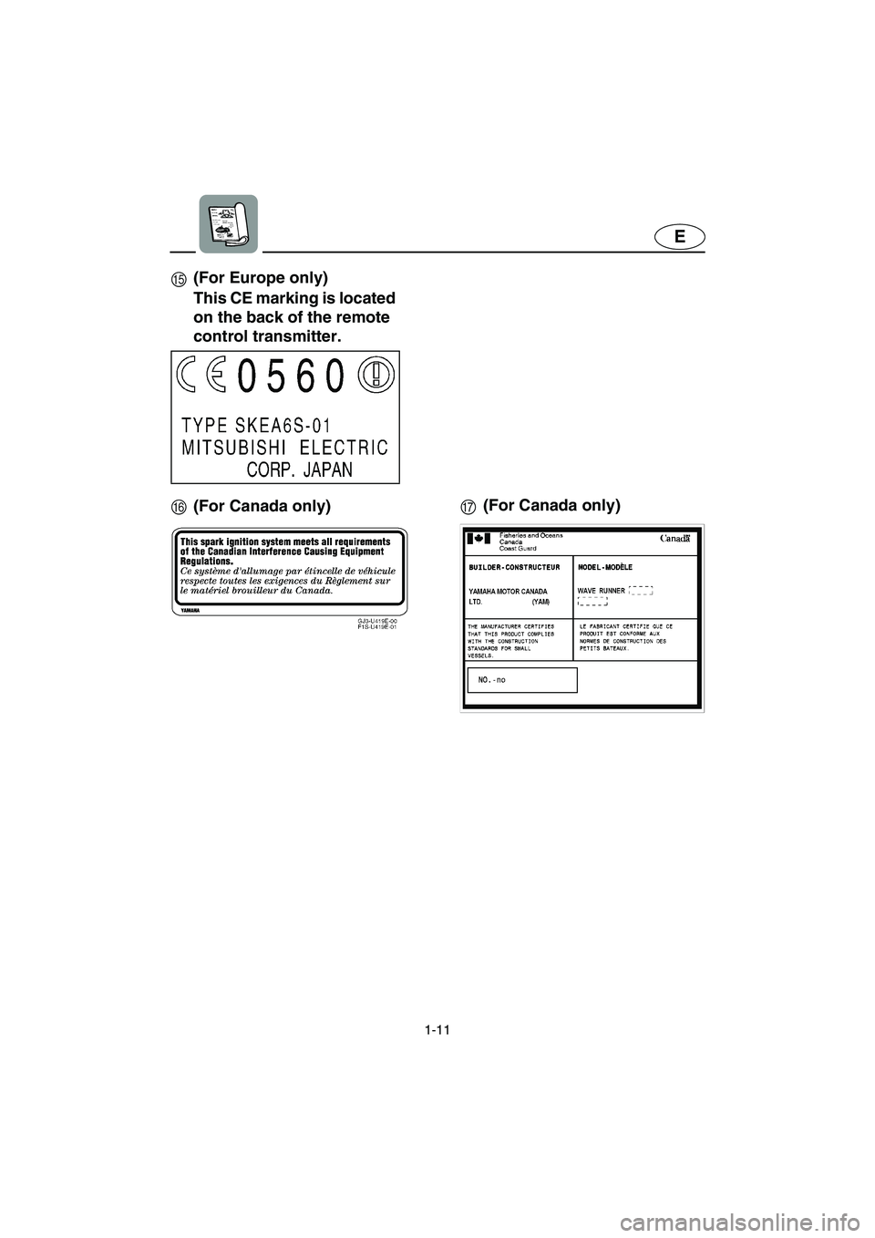 YAMAHA VX 2006 Owners Manual 1-11
E
E(For Europe only)
FG (For Canada only)(For Canada only) This CE marking is located
on the back of the remote
control transmitter.
E_F1K-70.book Page 11 Thursday, October 20, 2005 1:30 PM YAMAHA VX 2006 Owners Manual 1-11
E
E(For Europe only)
FG (For Canada only)(For Canada only) This CE marking is located
on the back of the remote
control transmitter.
E_F1K-70.book Page 11 Thursday, October 20, 2005 1:30 PM