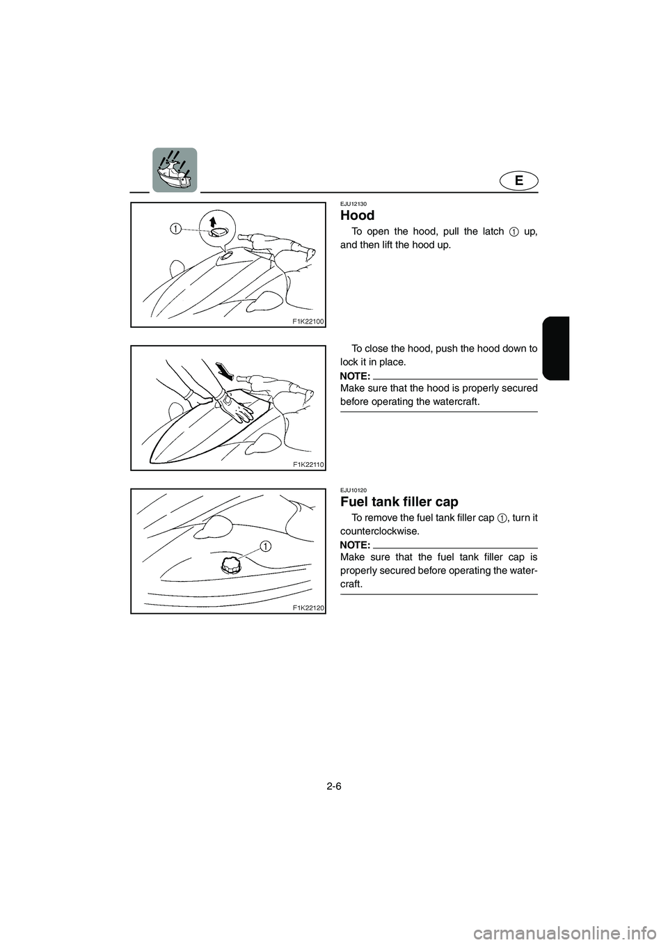 YAMAHA VX CRUISER 2006  Owners Manual 2-6
E
EJU12130 
Hood  
To open the hood, pull the latch 1 up,
and then lift the hood up. 
To close the hood, push the hood down to
lock it in place. 
NOTE:@ Make sure that the hood is properly secured