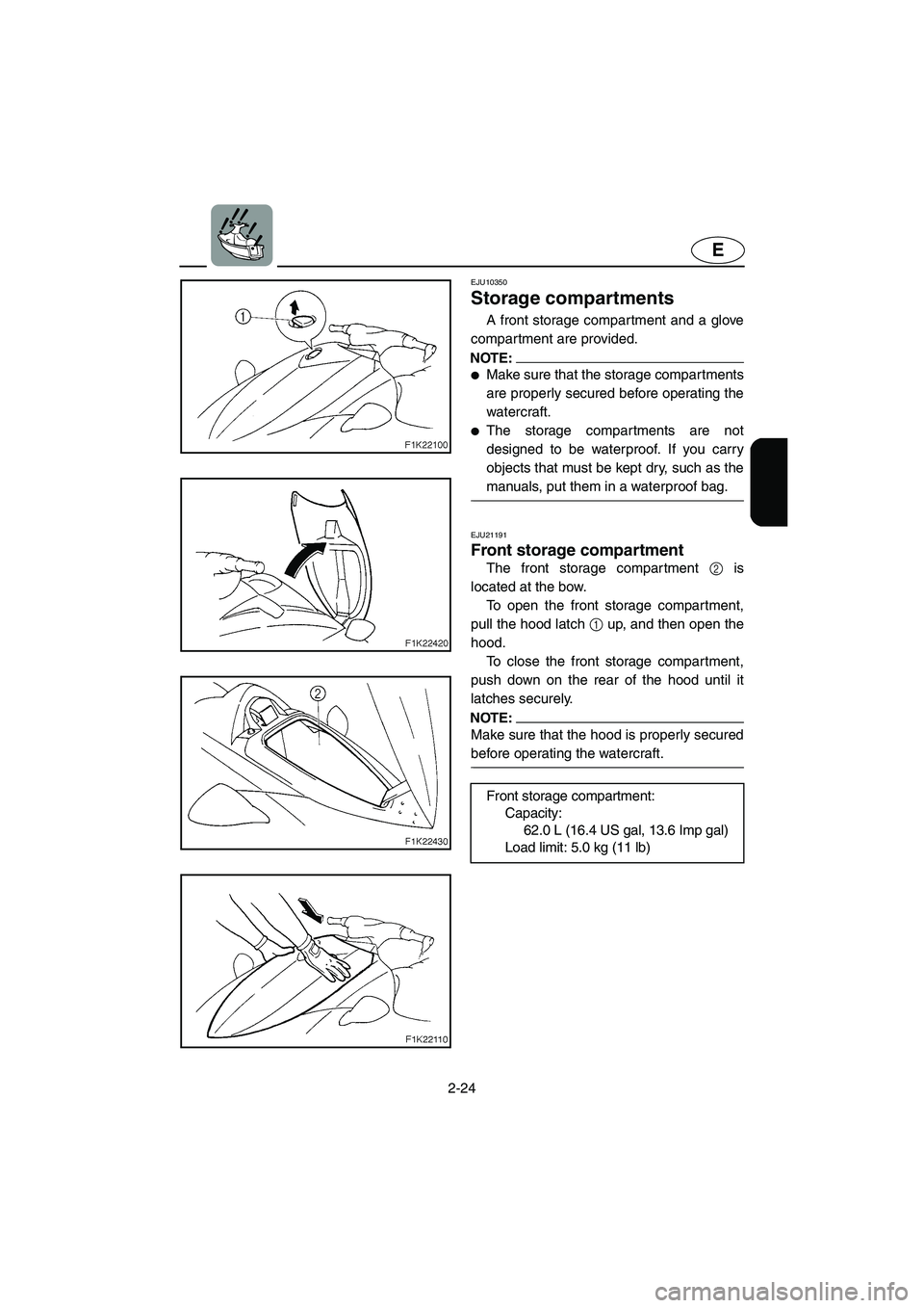 YAMAHA VX 2006 Workshop Manual 2-24
E
EJU10350 
Storage compartments  
A front storage compartment and a glove
compartment are provided. 
NOTE:@ Make sure that the storage compartments
are properly secured before operating the
wat