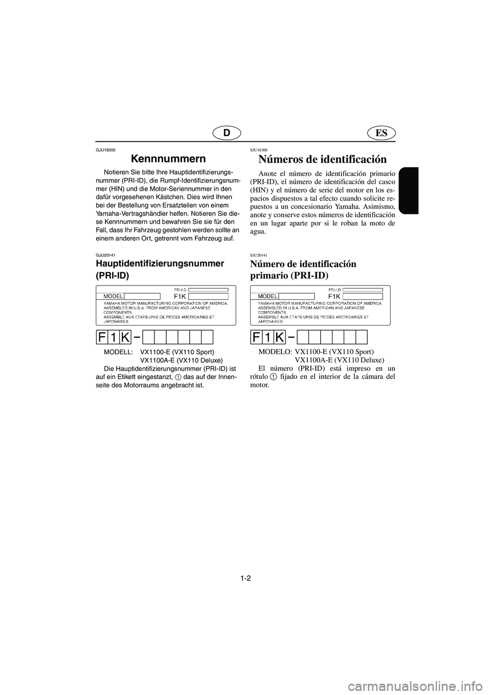 YAMAHA VX CRUISER 2006 Manuale de Empleo (in Spanish) 1-2
ESD
GJU18300
Kennnummern
Notieren Sie bitte Ihre Hauptidentifizierungs-
nummer (PRI-ID), die Rumpf-Identifizierungsnum-
mer (HIN) und die Motor-Seriennummer in den
dafür vorgesehenen Kästchen YAMAHA VX CRUISER 2006 Manuale de Empleo (in Spanish) 1-2
ESD
GJU18300
Kennnummern
Notieren Sie bitte Ihre Hauptidentifizierungs-
nummer (PRI-ID), die Rumpf-Identifizierungsnum-
mer (HIN) und die Motor-Seriennummer in den
dafür vorgesehenen Kästchen