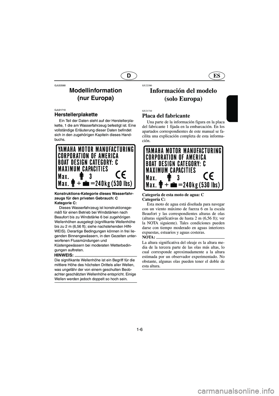 YAMAHA VX SPORT 2006  Manuale de Empleo (in Spanish) 1-6
ESD
GJU22580
Modellinformation 
(nur Europa)  
GJU21710
Herstellerplakette 
Ein Teil der Daten steht auf der Herstellerpla-
kette, 1 die am Wasserfahrzeug befestigt ist. Eine 
vollständige Erläu