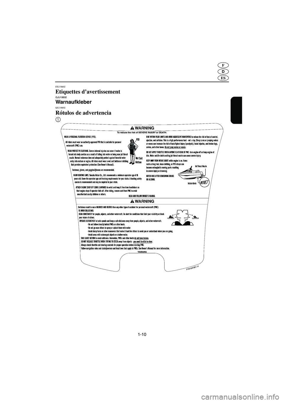 YAMAHA VX 2006  Notices Demploi (in French) 1-10
D
F
ES
FJU19892
Etiquettes d’avertissement GJU19892
Warnaufkleber 
SJU19892
Rótulos de advertencia 
1
A_F1K80.book  Page 10  Monday, October 24, 2005  3:49 PM 