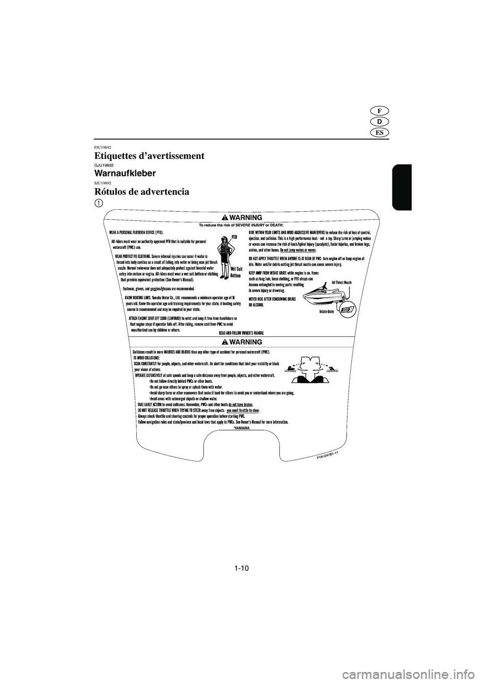 YAMAHA VX SPORT 2006  Manuale de Empleo (in Spanish) 1-10
D
F
ES
FJU19892
Etiquettes d’avertissement GJU19892
Warnaufkleber 
SJU19892
Rótulos de advertencia 
1
A_F1K80.book  Page 10  Monday, October 24, 2005  3:49 PM 