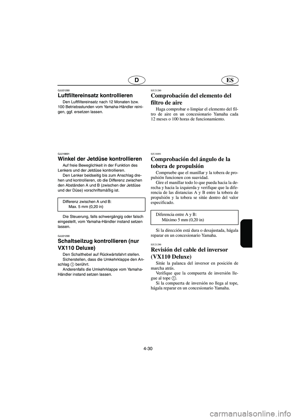 YAMAHA VX SPORT 2006  Manuale de Empleo (in Spanish) 4-30
ESD
GJU21280
Luftfiltereinsatz kontrollieren 
Den Luftfiltereinsatz nach 12 Monaten bzw. 
100 Betriebsstunden vom Yamaha-Händler reini-
gen, ggf. ersetzen lassen. 
GJU18891
Winkel der Jetdüse k