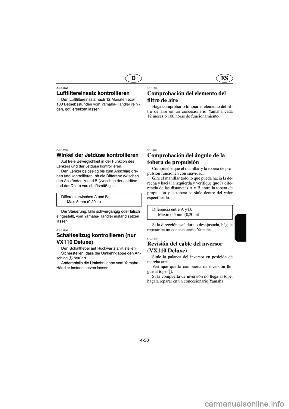 YAMAHA VX CRUISER 2006  Notices Demploi (in French) 4-30
ESD
GJU21280
Luftfiltereinsatz kontrollieren 
Den Luftfiltereinsatz nach 12 Monaten bzw. 
100 Betriebsstunden vom Yamaha-Händler reini-
gen, ggf. ersetzen lassen. 
GJU18891
Winkel der Jetdüse k