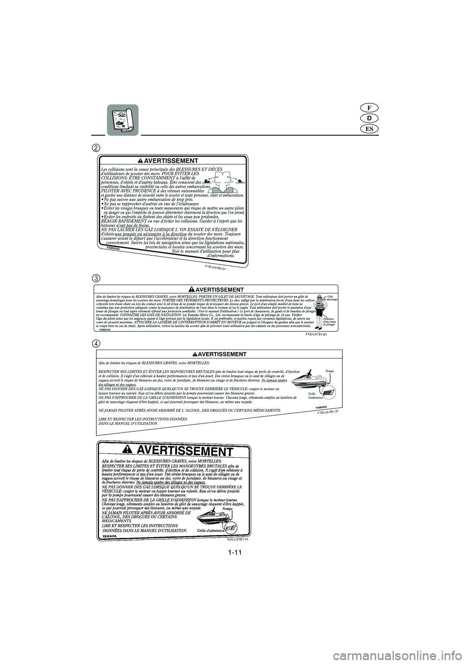 YAMAHA VX SPORT 2006  Betriebsanleitungen (in German) 1-11
D
F
ES
4 3 2
A_F1K80.book  Page 11  Monday, October 24, 2005  3:49 PM 