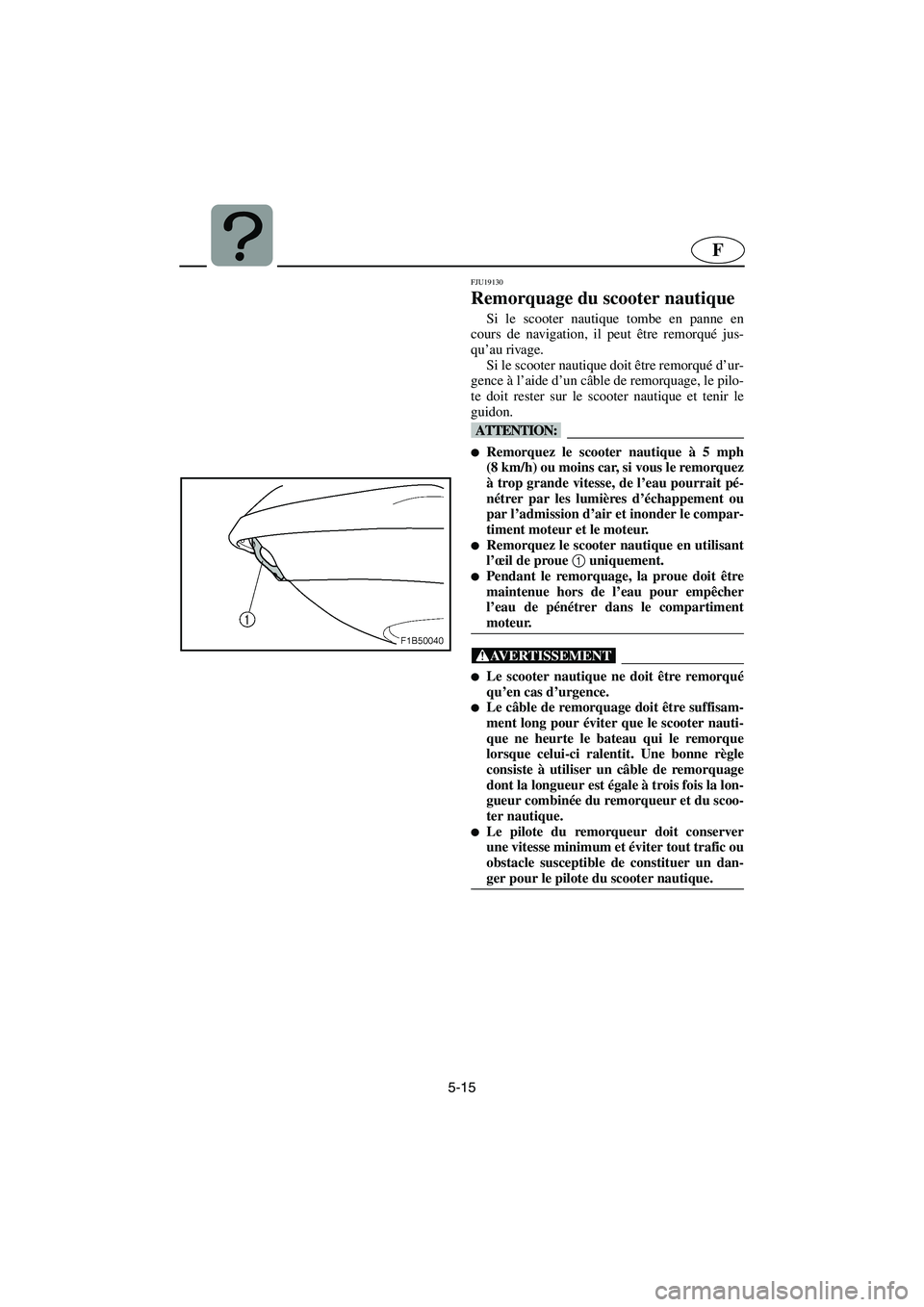 YAMAHA VX 2006 Notices Demploi (in French) 5-15
F
FJU19130
Remorquage du scooter nautique
Si le scooter nautique tombe en panne en
cours de navigation, il peut être remorqué jus-
qu’au rivage.
Si le scooter nautique doit être remorqué YAMAHA VX 2006 Notices Demploi (in French) 5-15
F
FJU19130
Remorquage du scooter nautique
Si le scooter nautique tombe en panne en
cours de navigation, il peut être remorqué jus-
qu’au rivage.
Si le scooter nautique doit être remorqué