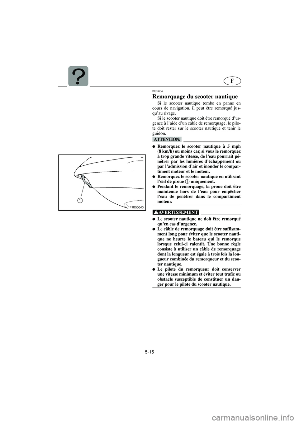 YAMAHA VX CRUISER 2006  Betriebsanleitungen (in German) 5-15
F
FJU19130
Remorquage du scooter nautique 
Si le scooter nautique tombe en panne en
cours de navigation, il peut être remorqué jus-
qu’au rivage. 
Si le scooter nautique doit être remorqué 