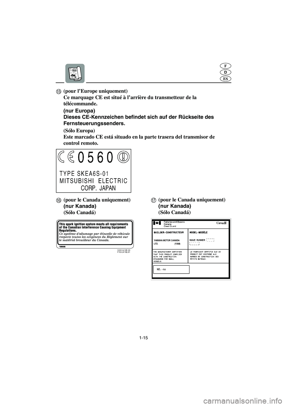 YAMAHA VX SPORT 2006  Betriebsanleitungen (in German) 1-15
D
F
ES
E
G(pour le Canada uniquement)
(nur Kanada)
(Sólo Canadá)  F(pour le Canada uniquement)
(nur Kanada)
(Sólo Canadá) (pour l’Europe uniquement)
Ce marquage CE est situé à l’arrièr