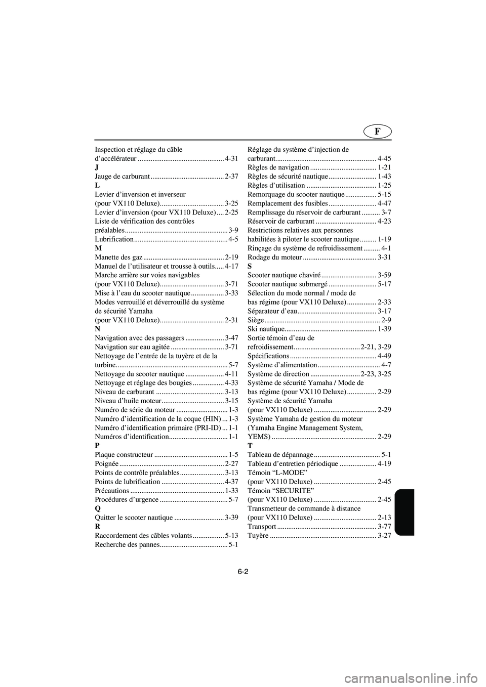YAMAHA VX SPORT 2006  Manuale de Empleo (in Spanish) 6-2
F
Inspection et réglage du câble 
d’accélérateur ............................................... 4-31
J
Jauge de carburant ........................................ 2-37
L
Levier d’inversio