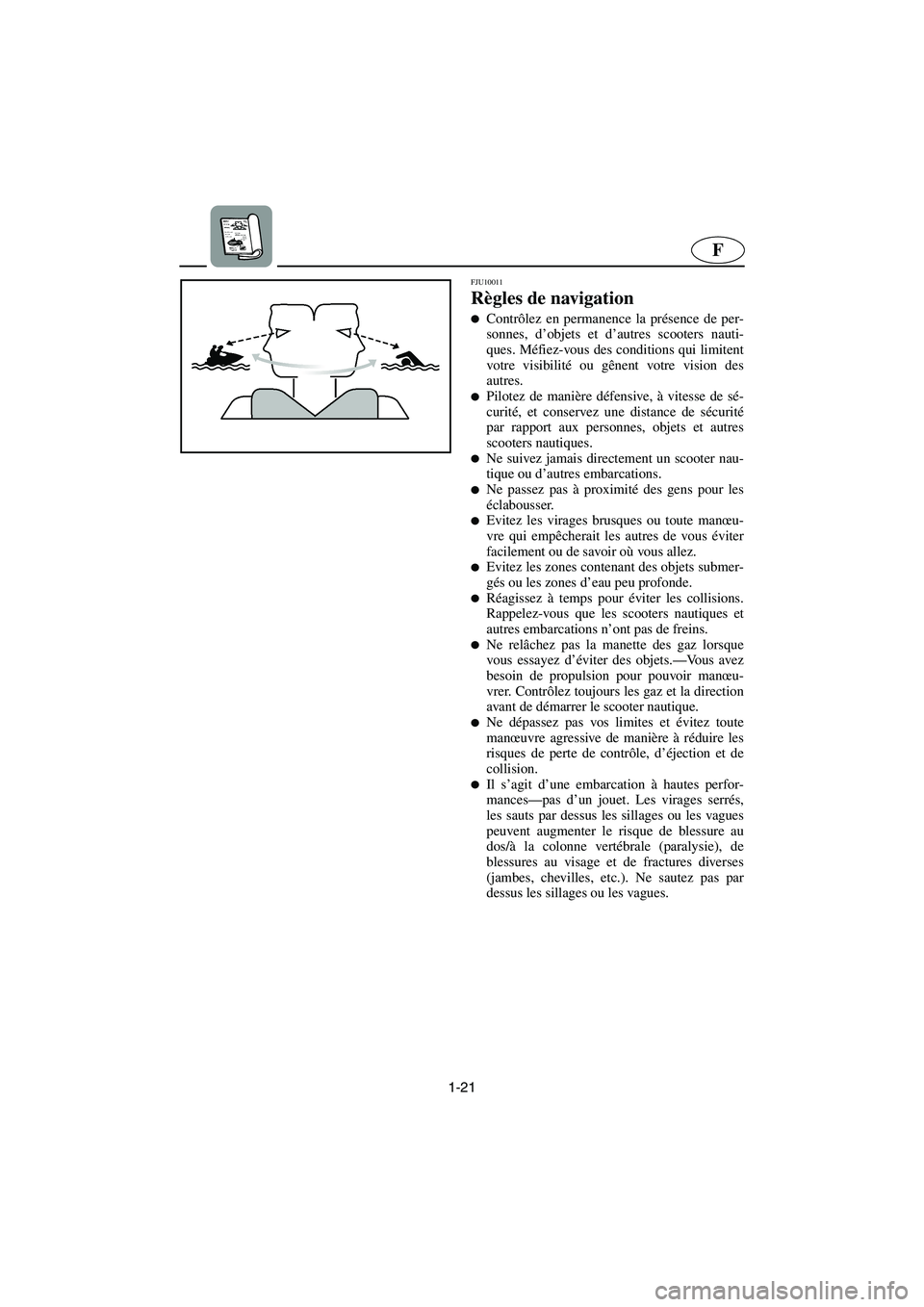 YAMAHA VX SPORT 2006  Betriebsanleitungen (in German) 1-21
F
FJU10011
Règles de navigation 
Contrôlez en permanence la présence de per-
sonnes, d’objets et d’autres scooters nauti-
ques. Méfiez-vous des conditions qui limitent
votre visibilité 