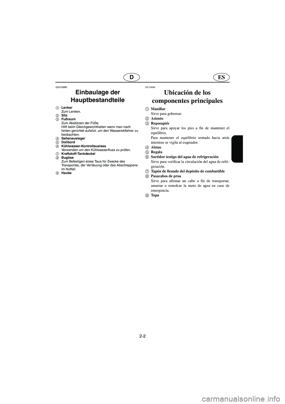 YAMAHA VX 2006 Manuale de Empleo (in Spanish) 2-2
ESD
GJU10080
Einbaulage der
Hauptbestandteile
1Lenker
Zum Lenken.
2Sitz
3Fußraum
Zum Abstützen der Füße.
Hilft beim Gleichgewichthalten wenn man nach
hinten gerichtet aufsitzt, um den Was YAMAHA VX 2006 Manuale de Empleo (in Spanish) 2-2
ESD
GJU10080
Einbaulage der
Hauptbestandteile
1Lenker
Zum Lenken.
2Sitz
3Fußraum
Zum Abstützen der Füße.
Hilft beim Gleichgewichthalten wenn man nach
hinten gerichtet aufsitzt, um den Was