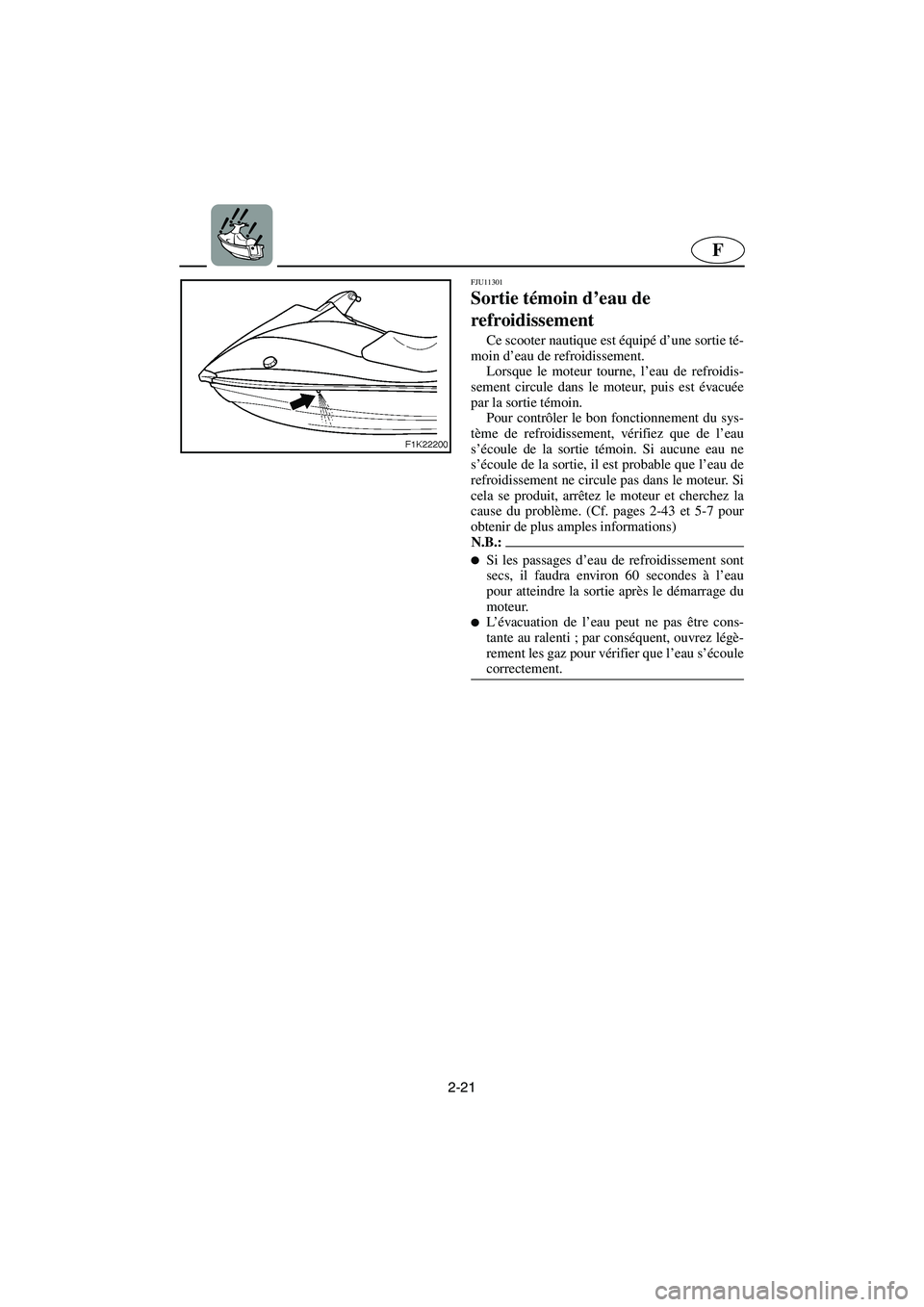 YAMAHA VX 2006 Manuale de Empleo (in Spanish) 2-21
F
FJU11301
Sortie témoin d’eau de
refroidissement
Ce scooter nautique est équipé d’une sortie té-
moin d’eau de refroidissement.
Lorsque le moteur tourne, l’eau de refroidis-
semen YAMAHA VX 2006 Manuale de Empleo (in Spanish) 2-21
F
FJU11301
Sortie témoin d’eau de
refroidissement
Ce scooter nautique est équipé d’une sortie té-
moin d’eau de refroidissement.
Lorsque le moteur tourne, l’eau de refroidis-
semen