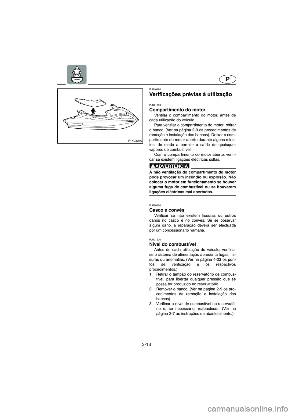 YAMAHA VX 2006  Manual de utilização (in Portuguese) 3-13
P
PJU10480
Ve r i f i c ações prévias à utilização  
PJU21210
Compartimento do motor 
Ventilar o compartimento do motor, antes de
cada utilização do veículo. 
Para ventilar o compartimen