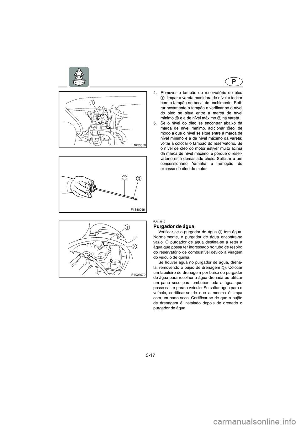 YAMAHA VX 2006  Manual de utilização (in Portuguese) 3-17
P
4. Remover o tampão do reservatório de óleo
1
, limpar a vareta medidora de nível e fechar
bem o tampão no bocal de enchimento. Reti-
rar novamente o tampão e verificar se o nível
do ól