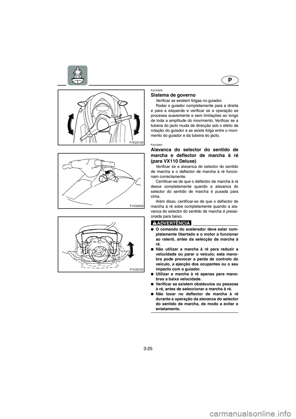 YAMAHA VX CRUISER 2006  Manual de utilização (in Portuguese) 3-25
P
PJU10570 
Sistema de governo  
Verificar se existem folgas no guiador. 
Rodar o guiador completamente para a direita
e para a esquerda e verificar se a operação se
processa suavemente e sem l